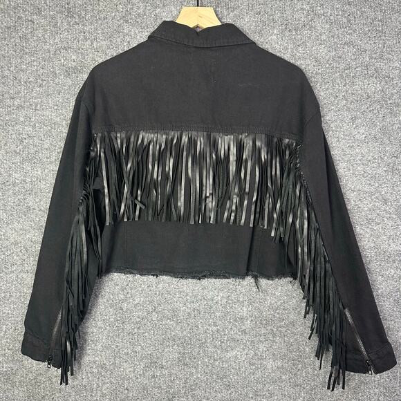 NWT Stoosh Vintage Denim Fringe Trucker Western Jean Jacket Frayed Hem Size M - Picture 2 of 9